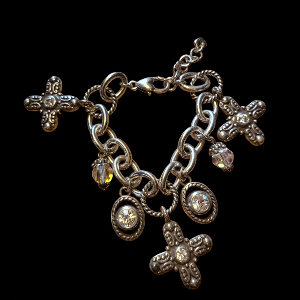 Brighton Retired/Vintage Silver Charm Bracelet w/crosses & crystals